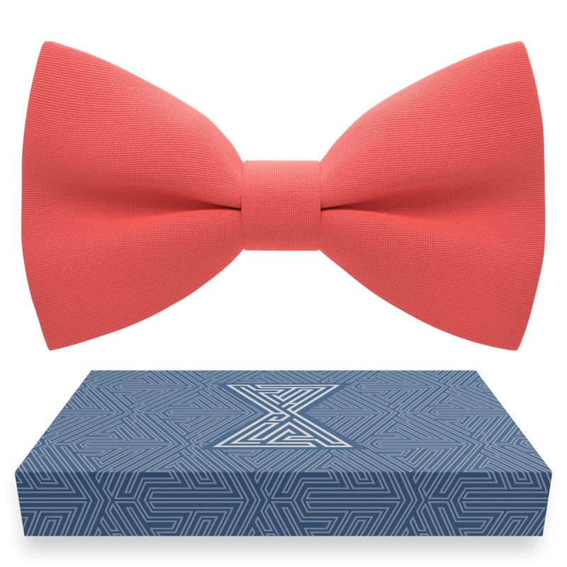 Bow Tie House Coral Red Mens Bow Tie for Men Bow Ties Gabardine Material for Adults Big Bowtie Formal Pre-Tied Fabric Clip on Shape in Solid Handmade Colors for Prom & Wedding (Large, Coral) - Image 1